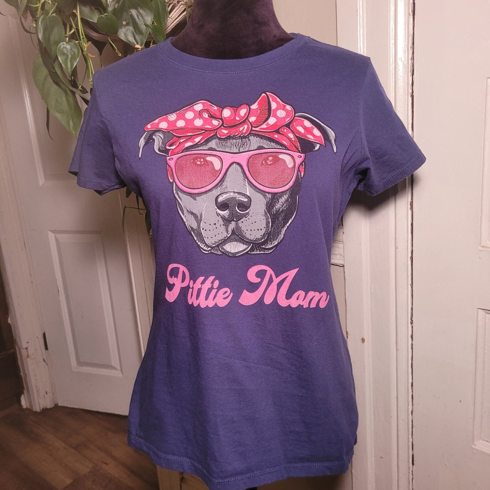 RARE Port and Company Pittie Mom Graphic Tee - Blue and Pink